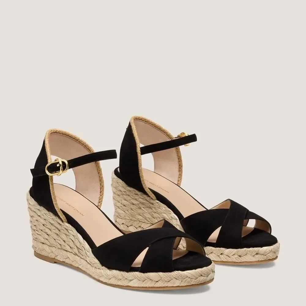 Stuart Weitzman Mirela Espadrille Wedge Sandals Black Natural 9B - Picture 2 of 11